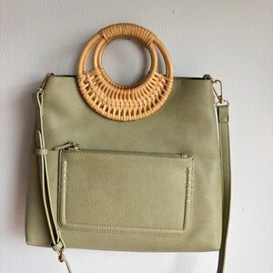 Olive Green Vegan Leather Handbag with Bamboo Handle